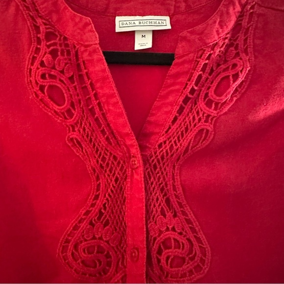 Dana Buchman linen blend red sleeveless top Size L Button down with embroidery - Picture 7 of 9